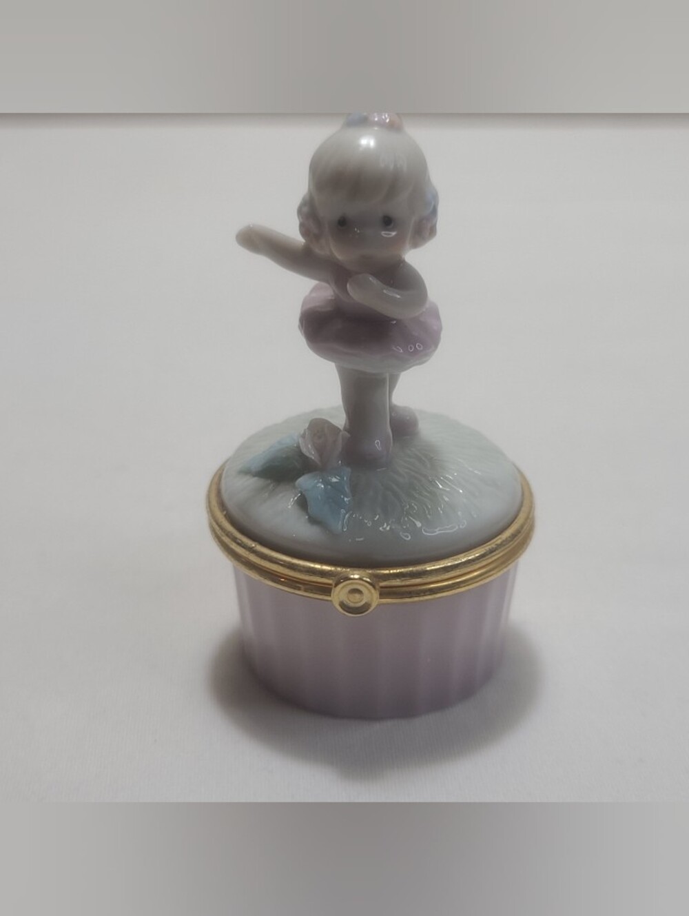 2000's Precious Moments Ballerina Porcelain Figurine Hinged Ring Trinket Box 3"